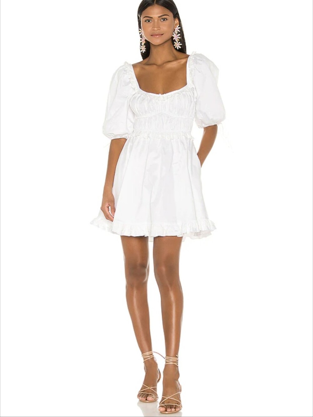 NWT For Love & Lemons White Mini Dress with Puff Sleeves Size Small
